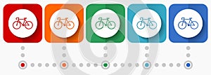 Bicycle vector icons, infographic template, set of flat design symbols in 5 color options