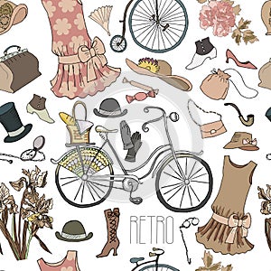 Bicycle and vintage things and accessories. Seamless pattern. Vector illustration