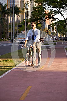 Bicycle, walking and business man in city for travel, morning commute and journey to work. Professional, urban town and