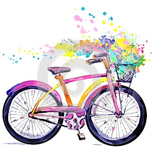 Bicycle. Watercolor bicycle and flower background. Hello Spring watercolor text.