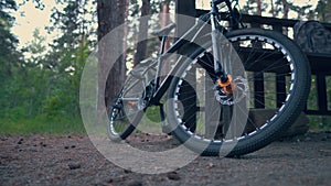 Bicycle Wheel Close-up, Smooth Camera Movement. Details of a Bicycle Standing in the Forest. Concept of Cycling and