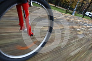 Bicycle wheel closeup in motion