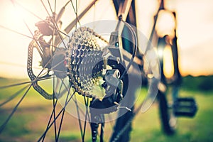 Bicycle wheel with gear lever details, chain and spokes, gears mechanism