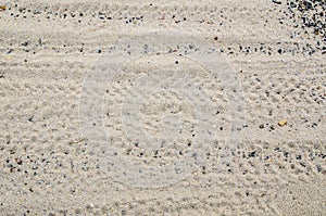 Bicycle wheel pattern on the sand at pavement near a beach.