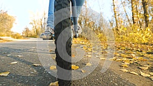 Bicycle wheel with protectors, close-up. legs of girl pushing bicycle pedals. bike rides on the asphalt road.