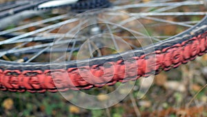 Bicycle wheel rotates close-up
