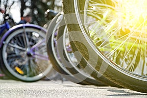 Bicycle wheel in a row close-up wheel detail, bicycle spoke.