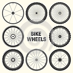 Bicycle wheel symbol vector illustration. Bike rubber mountain tyre, valve. Fitness cycle, mtb, mountainbike.