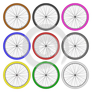 Bicycle wheels different color set on white background vector