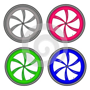 Bicycle wheels different color set on white background vector