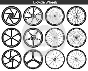 Bicycle Wheels with different tires: mountain, sports, touring, photo