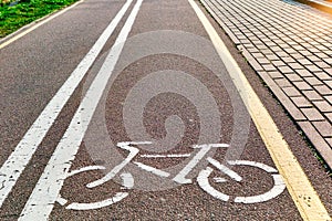 Bicycle white and yellow lanes sign and image of a bicycle with sun rays on road surface