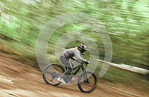 Bicycle, woods and man travel, blur and workout outdoor in forest for healthy body. Mountain bike, nature and athlete