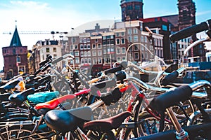 Bicycles on the background of the Basilica of Saint Nicholas Amsterdam, The Netherlands