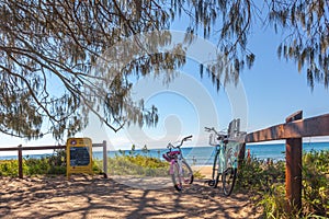 Bicycles at a beach entrance in Agnes Water, Queensland