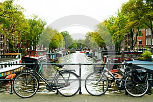 Bicycles on bridge in Amsterdam