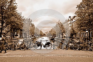 Bicycles on a bridge in the Amsterdam center