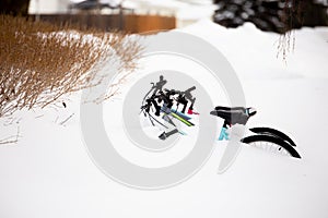 Bicycles buried under white snow