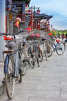 Bicycles with chinese flags on the streets of Yangliuqing town in Tianjin