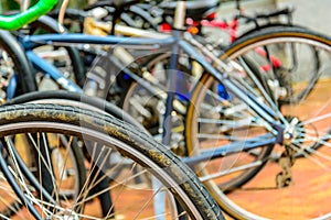 Bicycles at a crowded bike rack