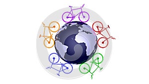 Bicycles going around world. Colorful bikes circling globe of Earth. 3d rendering