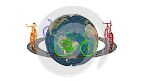 Bicycles going around world. Colorful bikes circling globe of Earth. 3d rendering