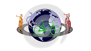 Bicycles going around world. Colorful bikes orbit globe of Earth. 3d rendering