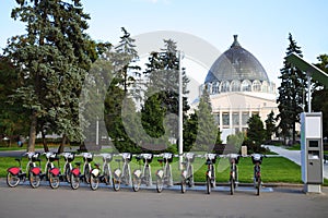 Bicycles for hire and payment terminal at VDNKh in