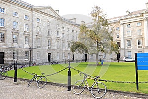 Bicycles inside Trinity College in Dublin - Ireland elite educational university - Dublin tourism