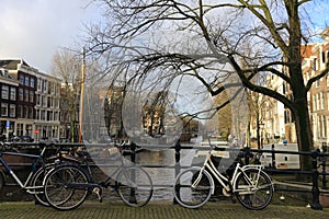 Bicycles lining a bridge over the canals of Amsterdam, Netherlands