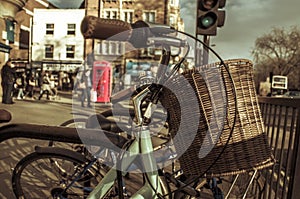 Bicycles locked in a rack in London, United Kingdom