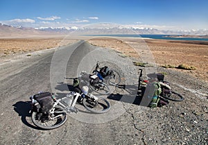 Bicycles on Pamir highway, Pamir mountains, Tajikistan