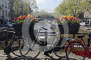 Bicycles parked on bridge in Amsterdam