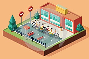 Bicycles parked in front of a modern building with customizable features under a semi-flat illustration style, Bike parking