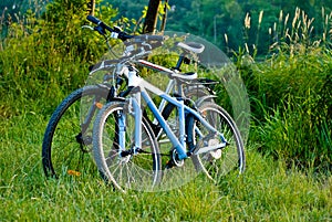 Bicycles parked near tha lake