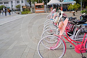 bicycles parked neatly for rent to visitors to the old city