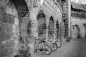 Bicycles parked in the old town city, Nuremberg