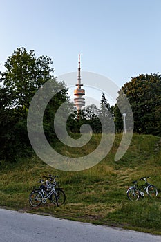 Bicycles parked in park near the road