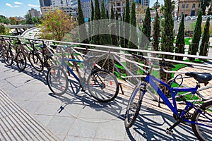 Bicycles parked in a row in the park