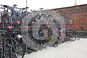 Bicycles parked in storage racks