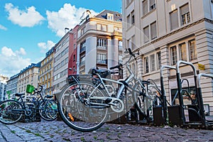 Bicycles in the street of the old town in Strasbourg, La Petite France, Strasbourg