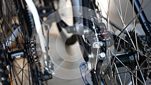 bicycles with transmission. three bicycles stand side by side. rear wheels close-up