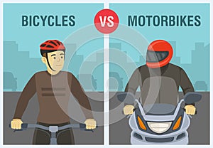 Bicycles vs motorbikes: which is better on roads. Close-up of motorcycle rider and cyclist.