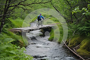 bicyclist crossing a narrow wooden bridge over a stream