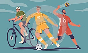 Bicyclist, Soccer And Basketball Player Male Characters Engage In Activities, Showcasing Remarkable Athleticism