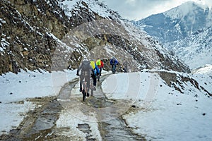 Bicyclists Biking on Snowy Road