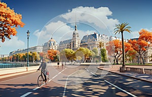 Bicyclists ride on Le Promenade Des Anglais in Nice