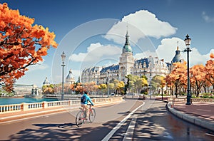 Bicyclists riding on the Promenade Des Anglais in Nice