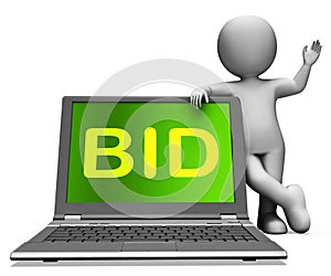 Bid Laptop And Character Shows Bidder Bidding Or Auctions Online photo