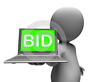 Bid Laptop Character Shows Bids Bidding Or Auction Online